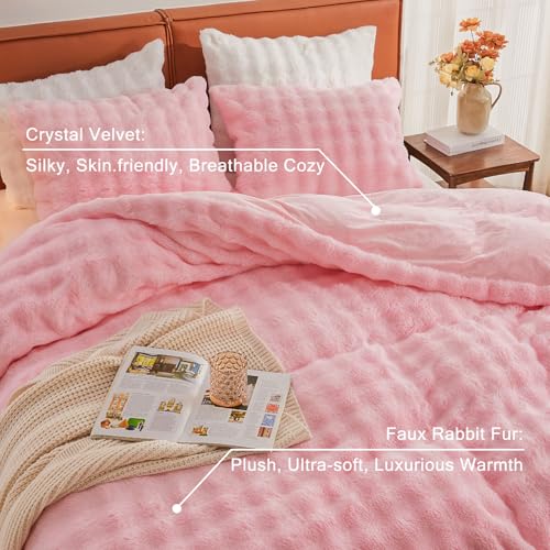 Image of EMME Faux Fur Duvet Cover Twin Size, 2 Pieces Ultra Soft Fluffy Comforter Cover, Cozy Warm for Winter, Luxury Elegant Shaggy Bubble Design Bedding, 1 Duvet Cover & 1 Pillow Shams (Twin, Pink)