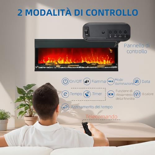Homcom Camino Elettrico 1800W Da Incasso Con Effetto Fiamma 3D Regolabile, Caminetto Elettrico Silenzioso Da Terra Parete Con Spegnimento Automatico, Timer, Telecomando, Risacaldamento, Termostato,40㎡ - 4