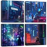 4 Pcs Cuadros de Tokio Neón para Pared, Ideales para Sala De Estar, Decoración Cyberpunk, Garaje, Dormitorio, Estudio, Arte Anime En Lienzo, Paisajes Urbanos, Decoración para Oficina y Hogar 30x30 cm