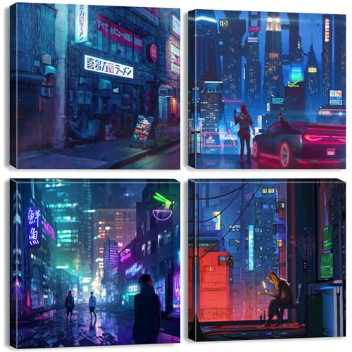 4 Pcs Cuadros de Tokio Neón para Pared, Ideales para Sala De Estar, Decoración Cyberpunk, Garaje, Dormitorio, Estudio, Arte Anime En Lienzo, Paisajes Urbanos, Decoración para Oficina y Hogar 30x30 cm