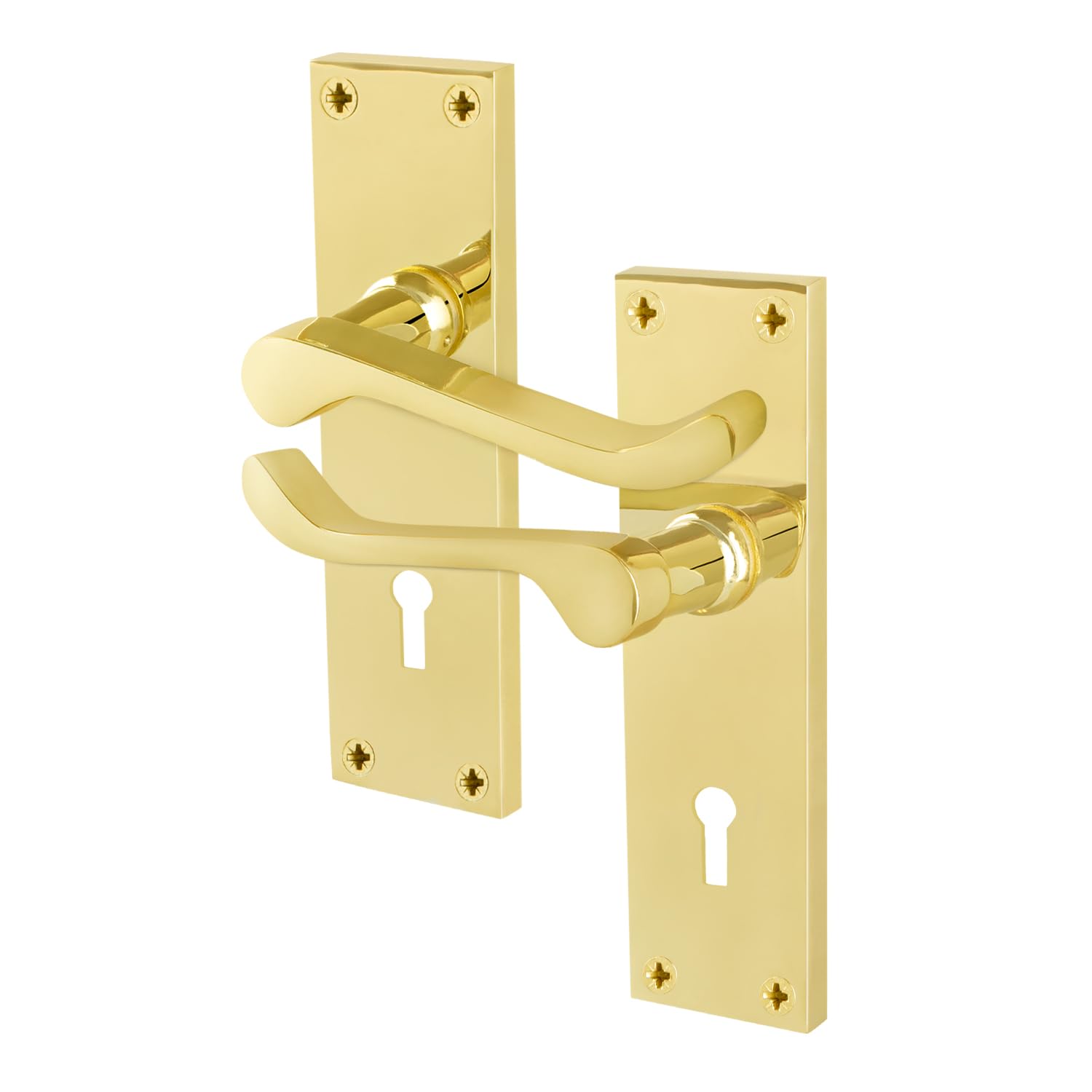 Eai Polished Brass Brass Victorian Scroll Lock Handles, 1 Pair Of Internal Lever Door Handles On Backplate