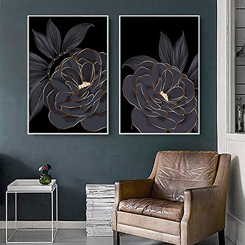 Cuadro de lienzo de flor abstracta oro negro con impresión moderna de salón 3