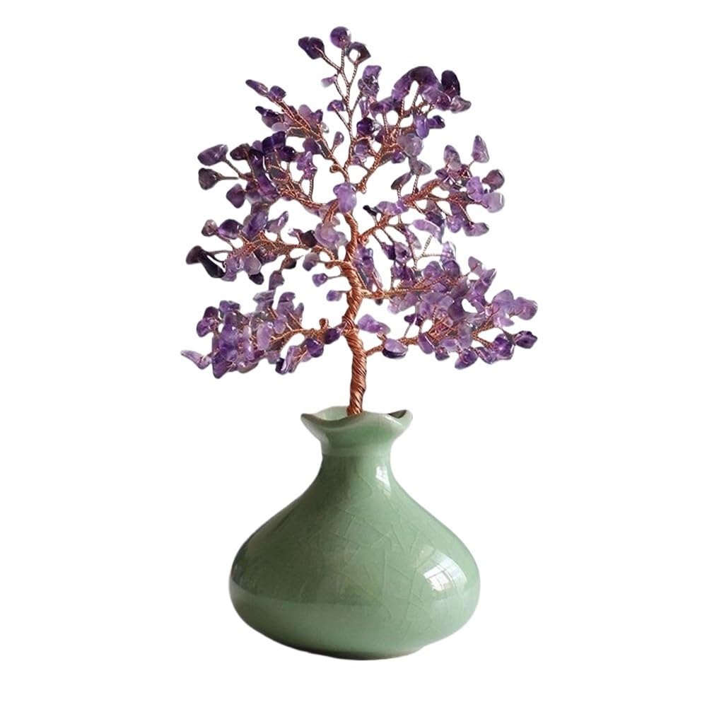 Fortune Crystal Trees Gemstone Money Tree with Ceramic Small Vase, Home Attracting Wealth Ornaments, Office Crystal Fortune(Purple)
