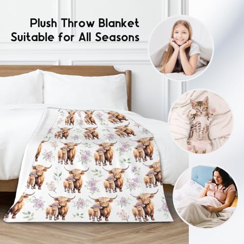 Highland Cow Blanket for Girls, Cozy Soft Throw Gifts, Cute White Flannel Throw Blankets for Couch Office, 40x50 Inches