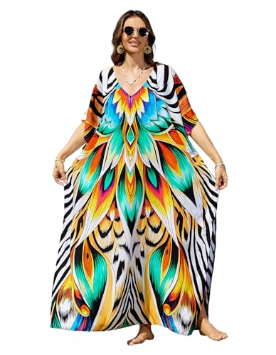 Image of sunforyou Kaftan Dresses for Women Plus Size Lightweight Swimsuit Cover up Batwing Sleeve Print Loungewear Beach Robe