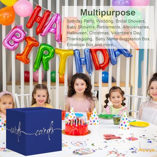 Image of Dark Blue Card Box with Silver Foil Design, Paperboard 8.7 inch Card Box for Birthday Wedding Party Graduation Retirement Anniversary Valentine's Day & Baby Showers, Raffle or Money Box