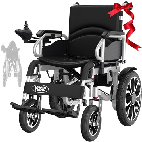 VOCIC Rollstuhl Elektrisch Faltbar Leicht bis 150KG 30KM Elektrischer Rollstuhl Outdoor Elektrorollstuhl mit 40CM Gummi Luftbereifung für all Gelände Leicht zu transportieren (Mondlichtsilber)