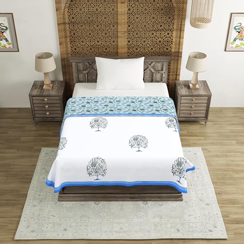 Image of BLOCKS OF INDIA Hand Block Printed Cotton Single Size Reversible Malmal Dohar for Summer (Blue Tree of Life)