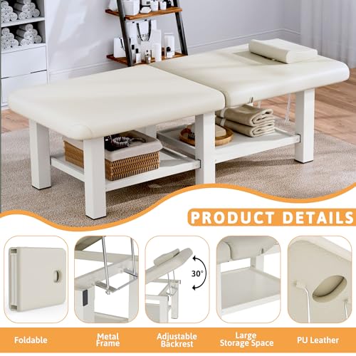 Image of Olela 30.5'' Wide Folding Massage Table, Heavy Duty Stationary Massage Table, Physical Therapy Table with Adjustable Backrest & Storage, Professional Treatment Table for Spa, Tattoo, Chiropractic