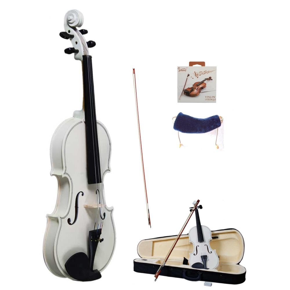 LEADZM Juego de violín 4/4 de tamaño completo, violín con estuche, cuerda de arco, colofonia, soporte para hombros con resorte, violín de madera maciza para principiantes (blanco)