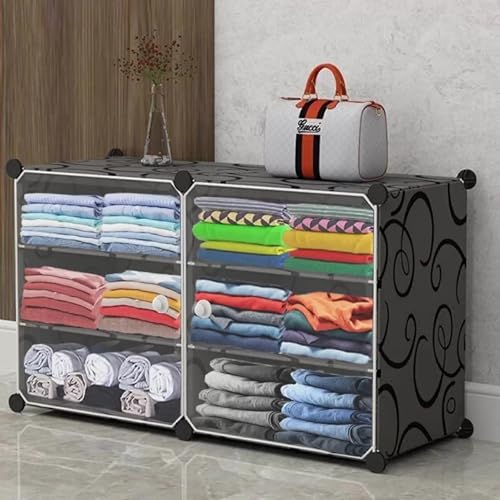 Image of AYSIS Plastic Foldable Wardrobe for Clothes Storage - 6-Shelf 2-Door Collapsible Cupboard Rack (Black, 44x32x158 cm)