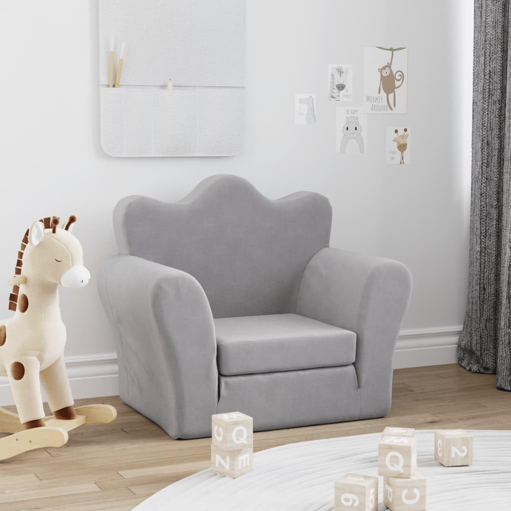 vidaXL Sofá Cama Infantil, Sillón con Reposabrazos, Mini Sofá para Niños, Sofá Cama para Dormitorio Sala de Juegos, Felpa Suave Gris Claro