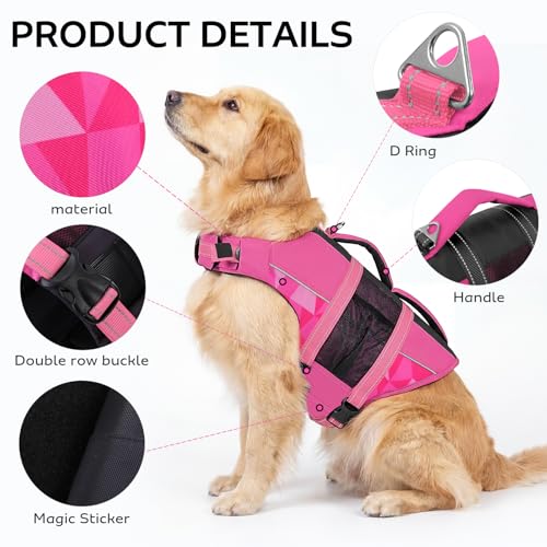 CITÉTOILE Schwimmweste Hund, Hunde Schwimmweste mit Griff und Reflektierend, Rettungsweste für Kleine Mittlere und Große Hunde mit Guter Auftrieb, Leicht und Sicher für Wassersport Rosa M