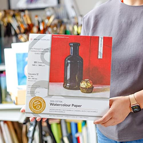 100% Cotton Watercolour Paper 140 lb - 12x12" (30.5 x 30.5 cm) 20 Sheet Cold Press Acid-Free Square Pad Professional Quality 2-Side Bound for Watercolor, Gouache, Ink, Acrylic, Mixed Media by ZenART