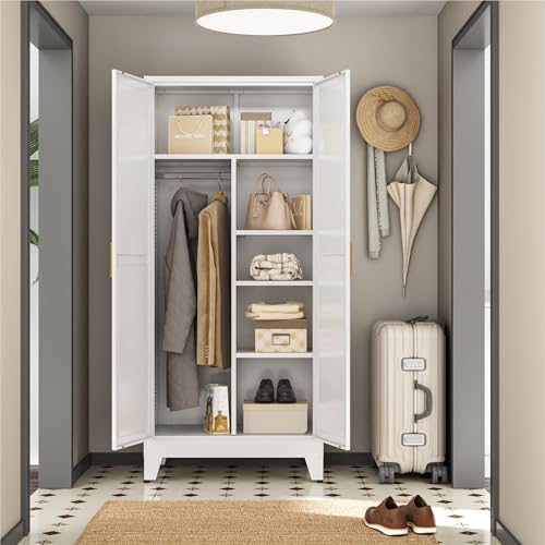 Image of Metal Combination Cabinet, Utility Closet Storage Cabinet with 4 Shelves, Farmhouse Pantry Closet with Doors, 71 inch Tall Storage Cabinets with Hanging Rod and Shelf for Laundry Mudroom Office Bedroom