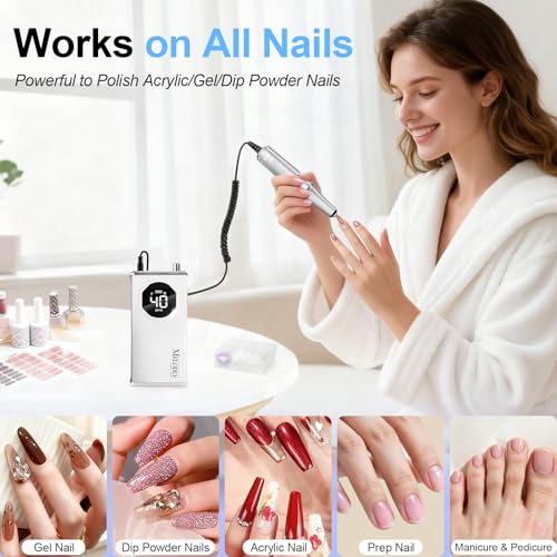 Image of Electric Nail Drill File Professional 40000 RPM, Melodly Rechargeable Electric Nail File Machine Kit for Acrylic Gel Nails Polishing Removing, Portable Cordless Efile with Gold Bits Kit at Salon Home