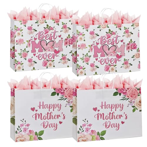 Colodeol 4 Pcs 12.8" Mother's Day Gift Bags with Tissue Paper，Large Mothers Day Bag with Handles Floral Mothers Paper Treat Candy bags Bulk for Mom Grandma Wife Women