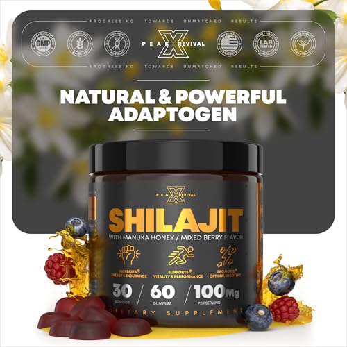 Image of Peak Revival Shilajit Gummies with Manuka Honey - Promotes Optimal Recovery, Increases Energy & Endurance, Mixed Berry Flavor, 100mg per Serving, 60 Count (30 Servings)