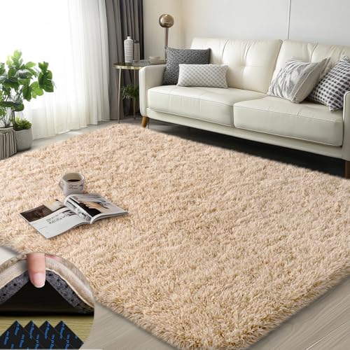 3x5 Rugs for Bedroom, Fluffy Area Rugs for Living Room, Soft Shag Kids Rug Small Carpet with 4 Non-Slip Rug Pads (Light Tan, 3ft x 5ft)