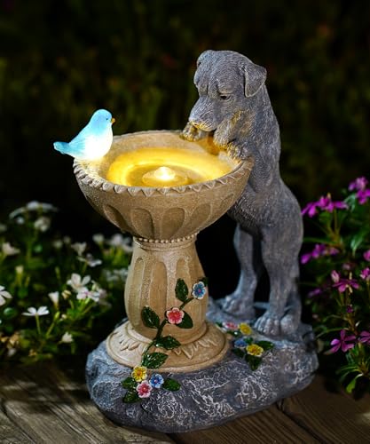 Goodeco Solar-Hundestatue mit Vogeltränke, wasserdichte Harz-Skulptur mit Solar-Vogellichtern, Garten-Hunde-Geschenke für Frauen/Mutter/Oma, Dekoration – Grau