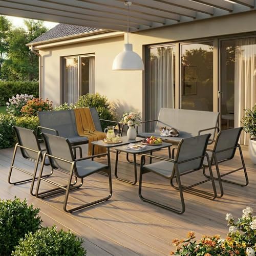 Gizoon 8 Pieces Outdoor Patio Furniture Set, 2 Bench Loveseat + 4 Single Armchairs + 2 Tempered Glass Coffee Tables, Metal Frame Patio Conversation Set for Backyard Poolside Porch, Black