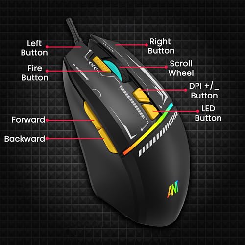 Image of Ant Ghost 50 RGB Gaming Mouse with12800 DPI Wired Optical Gamer Mouse with 8 Programmable Buttons & Software Support DIY Key Binding Fast Fire Button 1KHz Polling Rate - Black