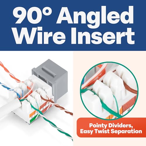 Image of Everest 90 Degree RJ45 Cat5e Keystone Jacks Slim Profile 50-Pack Gray | Compatible with 90 Angled Speed Termination Tool - easyJACK (B094WB91H3)