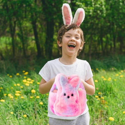 Image of Easter Fluffy Bunny Basket - Soft Plush Basket Hunting Egg Candy Reusable Tote Bags for Easter Spring Party Decorations Supplies Baby Shower - 11.8 x 9.8 inch (Pink Blue)