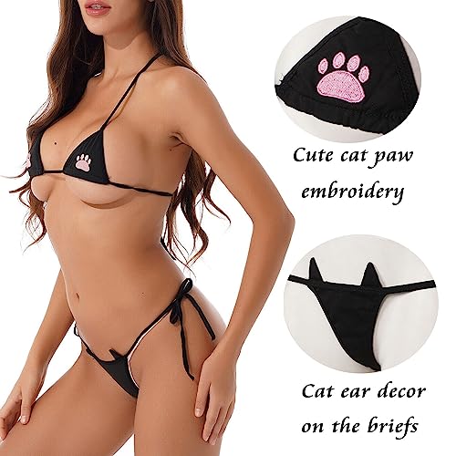 Women Micro Bikini Set Cute Cat Paw Embroidery Small Bra and Panty Set Kawaii Swimsuit Japanese Anime Triangle Lingerie2