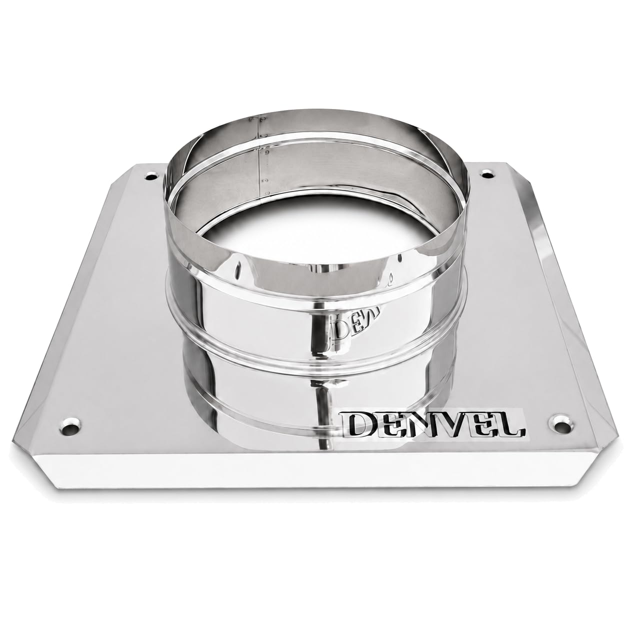 Denvel® - Chimney Base Plate 80 mm Diameter, Base Size 240x240 mm, Stainless Steel – Flue Pipe Support and Mounting Base for Masonry Chimneys and Ventilation Caps — image 1