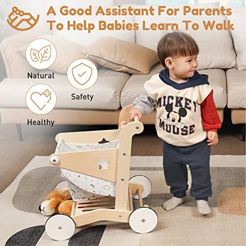 Woodtoe Wooden Baby Walker Doll Stroller | Adjustable Speed Shopping Cart For Toddlers 1-3 | Baby Push Walker - Pretend Play Grocery Cart | Natural Wood Stroller Push Toys For Babies Learning To Walk #TOP6