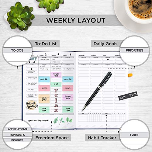 Live Whale Undated Weekly Planner, 12 Month Weekly Personal Planner/Monthly Productivity Journal For Habit Tracking, Wellness, Gratitude Journaling. Faux Leather Goal Planner - Blue #TOP4