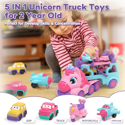 Lehoo Castle Toddler Girl Toys, 5-in-1 Toy Cars for Girls with Lights & Music, 1 2 3 Year Old Girl Toys, Unicorn Toys, Car Carrier Truck Toy, Toys for 1 2 3 Year Old Girls, GB2014