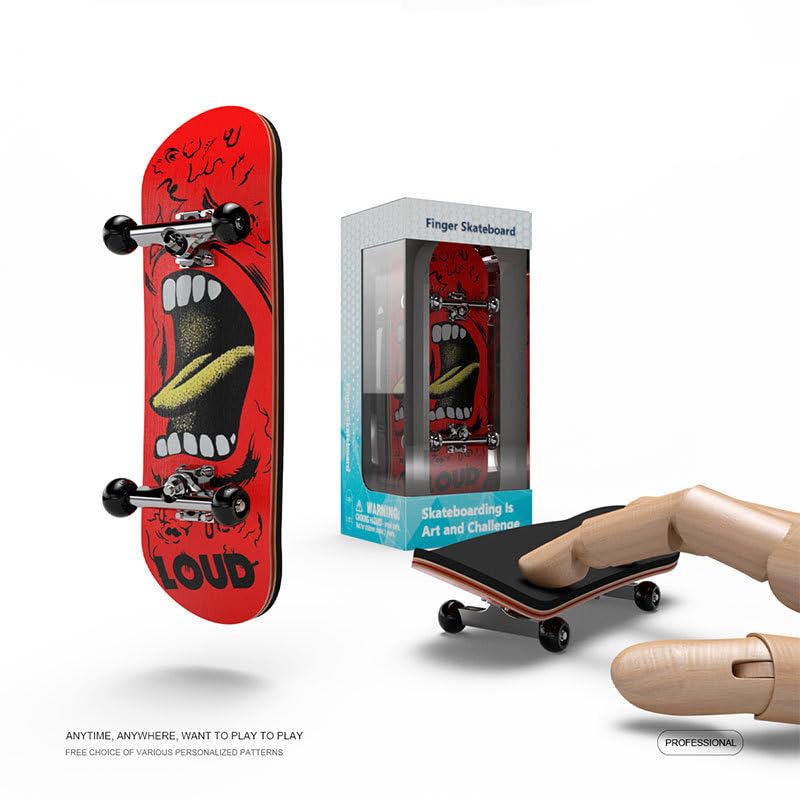 Professional Finger Skateboard, Red Design with LOUD Graphic, Maple Panel with Bearing Wheels, Non-Slip Mat (LOUD) - Image 2