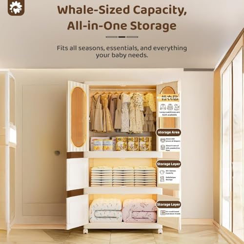 Image of StarAndDaisy Kids Wardrobe /Multifunctional Collapsible Plastic Wardrobe /Almirah for Baby /Kids- Storage Cabinet - Dustproof Organizer for Baby Clothes, Toys (37012 -White)
