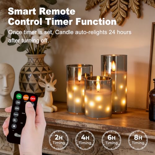 Image of LEDHOLYT Rechargeable Glass LED Flameless Candles, Embedded Star String Flickering Flameless Candles for Romantic Ambiance and Home Decoration with Remote & Timer(Gray)