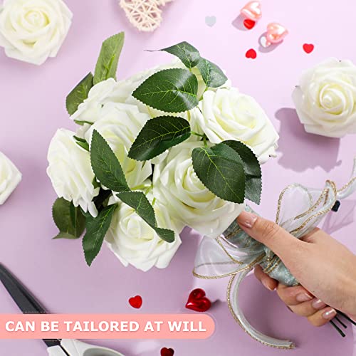 Luinabio 100 Pcs Artificial Flowers Real Looking Rose Flowers Foam Fake Roses with Leaves and Stems for DIY Wedding Bouquets Centerpieces Bridal Shower Party Home Decor(Ivory)