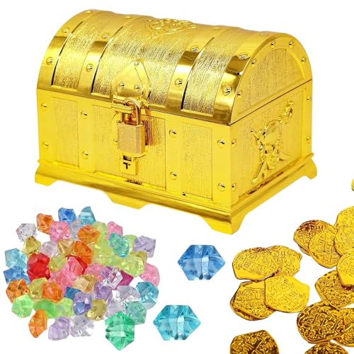 SZSMW 121 Sets Cofre Del Tesoro - Monedas Juguete - Perfecto Para Decoraciones De Fiestas TemáTicas De Aventuras De Halloween(Cofre Del Tesoro, 20 Monedas De Oro, 100 Gemas)