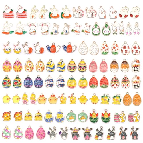 SANNIX 110Pcs 55 Pairs Easter Charms Gold Enamel Charm for Jewelry Making Easter Egg Bunny Rabbit Pendant Charms for Bracelets Necklaces Earrings Making DIY Crafts