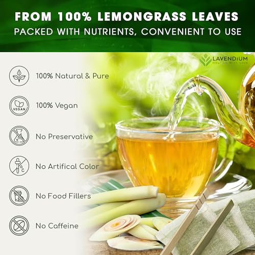 Image of Lavendium, 30 Lemongrass Tea Bags, 100% Natural & Pure Lemongrass leaves, Eco-Conscious Tea Bags, Lemongrass Herbal Tea. Lemongrass Leaf Tea. No Sugar, No Caffeine, No Gluten, Vegan.