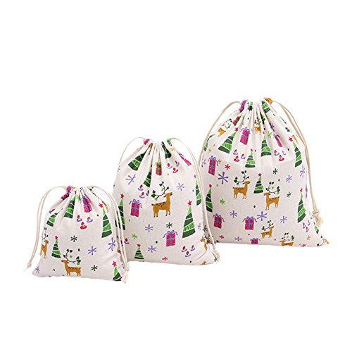 Toruiwa opbergtas met trekkoord opbergtas schattig Elk ontwerp cadeau snoepzak handgemaakte katoenen linnen tassen geschenkdecoratie Pack van 3 (klein+medium+groot)