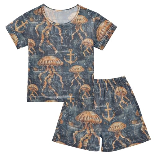 ALAZA Anchor Jellyfish Pajama Set Short Sleeve Sleepwear Soft Lounge Nightwear