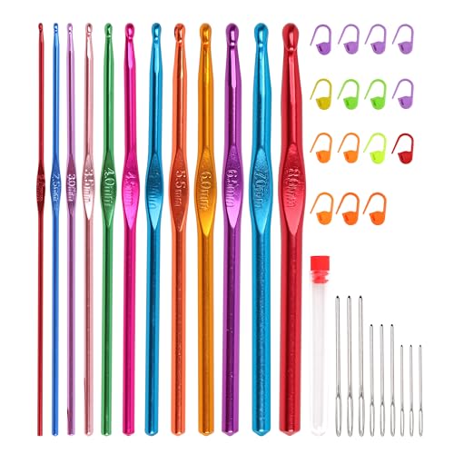 37 Pcs Crochet Hooks Set Coloured Aluminum Crochet Hooks Knitting Needles with Large-Eye Blunt Needles and Stitch Markers for Arthritic Hands Yarn Craft Gift for Women