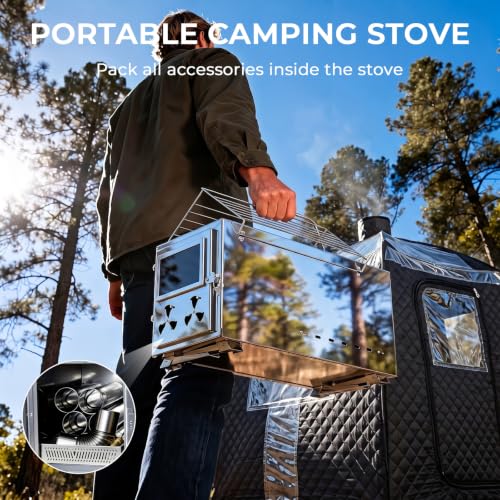 Wood Burning Sauna Hot Tent Stove, 2 in 1 Tent Wood Burning Stove with Chimney Pipe for Outdoor Camping Heating, Camping, Hunting, Heating, Cooking, Ice Fishing, Boiling Water - Image 4
