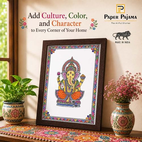 Image of PAPER PAJAMA Lord Ganesha Vastu Wall Art for Living Room | Madhubani Ganpati Bappa Painting | Traditional Mithila Religious Framed Decor for Home, Office & Pooja Room (10x13 Inches)