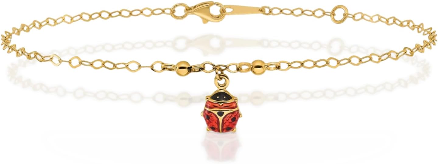 IceCarats 14K Solid Yellow Gold 2.5mm Cable Chain Ladybug Bracelet Anklet 9 Plus 1 inch Polished For Her