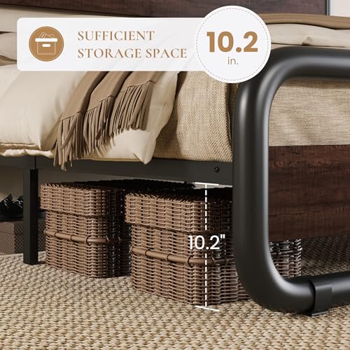 Image of SHA CERLIN King Size Metal Bed Frame with Wooden Headboard, Mahogany