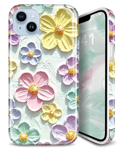 JIAXIUFEN Case for iPhone 12 Pro iPhone 12 Sparkle Glitter Retro Oil Painting Printed Flower Design Slim Shockproof Protective TPU Soft Silicone Cover Phone Case Mint Colorful