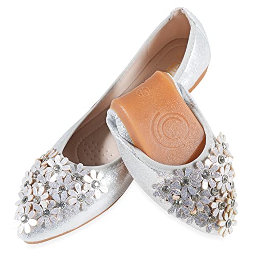YOUNIFIZ Women's Elastic Foldable Portable Pumps Bling Beads Ballet Ballerina Flats Dolly Shoes (Flower Silver,Size 4)
