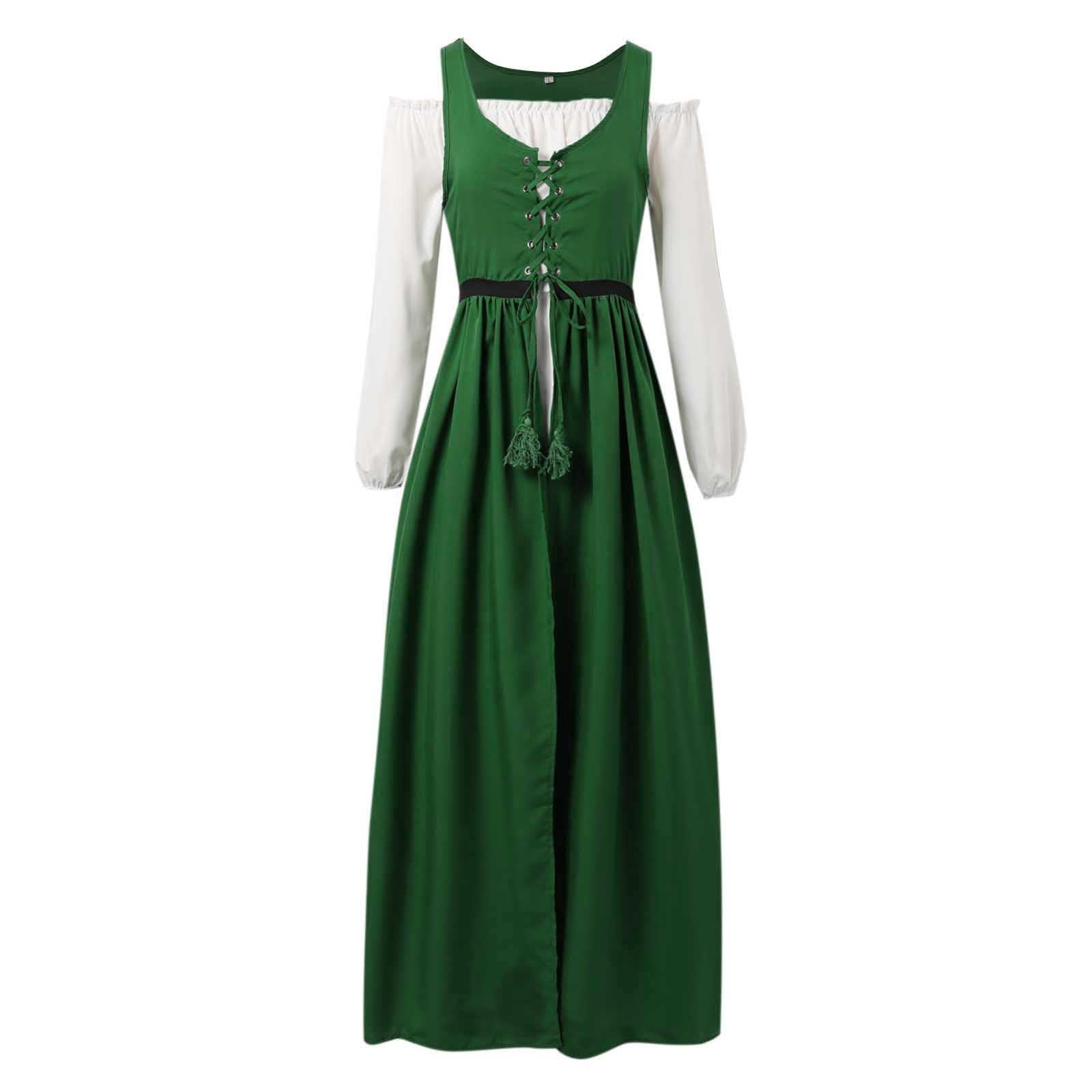 Trachtenkleid Damen Oktoberfest Outfit im Gothic-Stil, mittelalterliches Langarmkleid für Cosplay historische Nachstellung